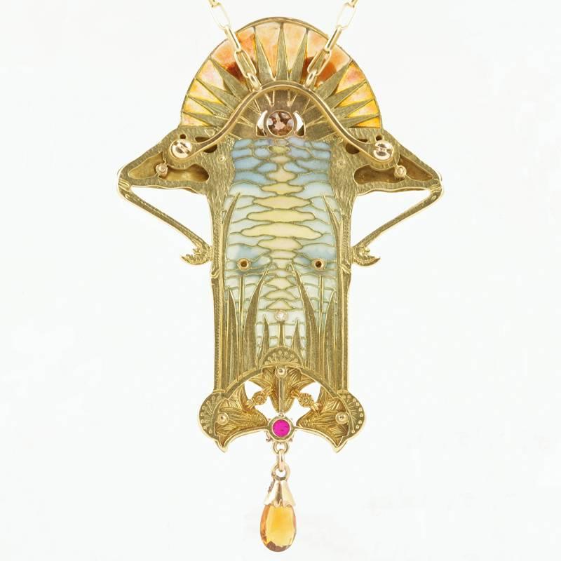 Women's Feuillâtre French Art Nouveau Diamond Ruby Citrine Enamel Gold Pendant