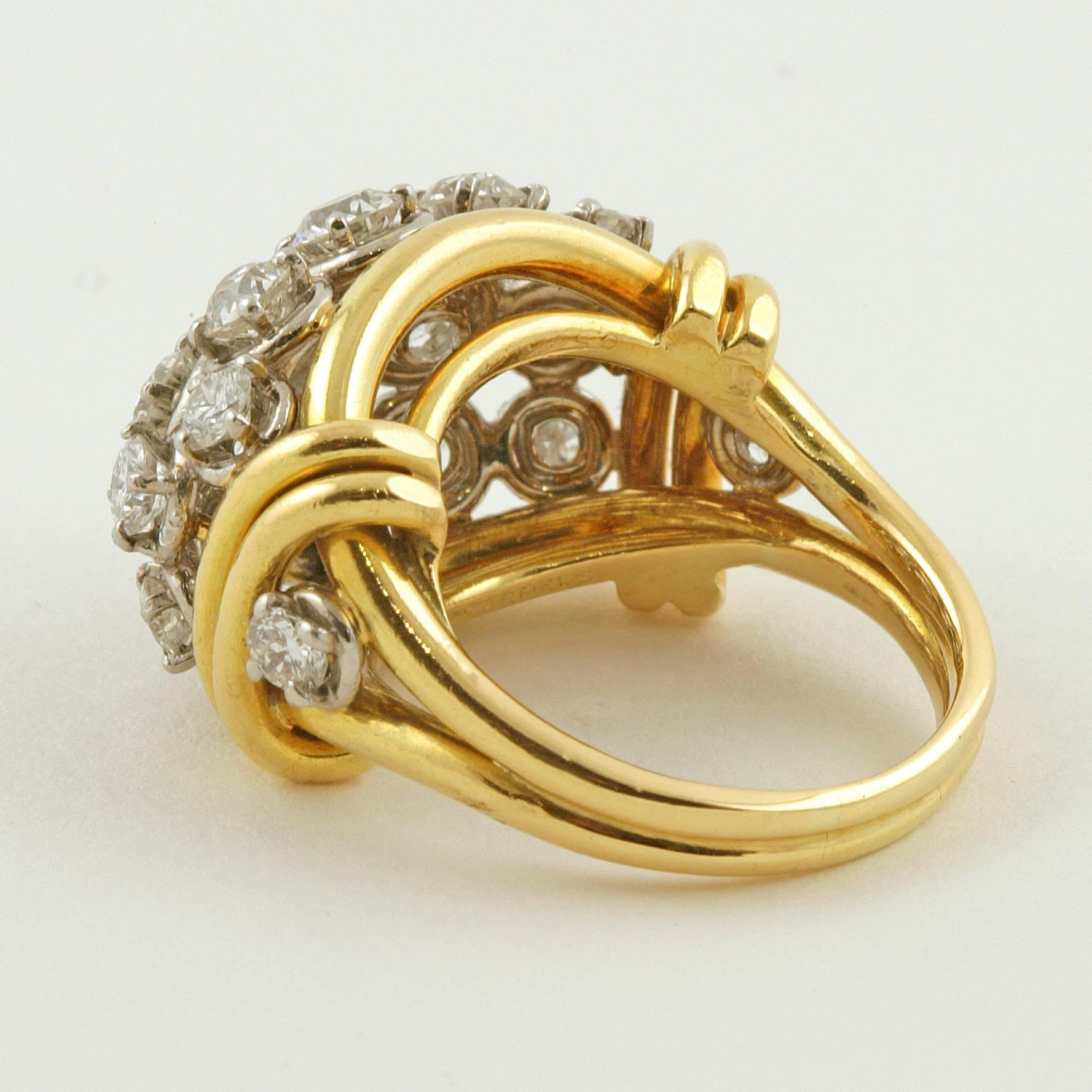 Van Cleef & Arpels Paris Retro Diamond Gold Platinum Bombé Ring In Excellent Condition In New York, NY