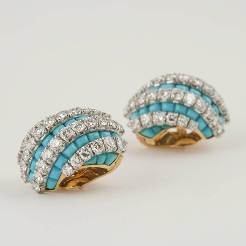 Women's Van Cleef & Arpels 1960's Turquoise Diamond Gold Platinum Earrings