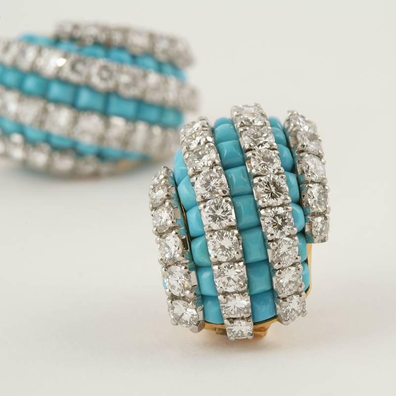 Van Cleef & Arpels 1960's Turquoise Diamond Gold Platinum Earrings 1
