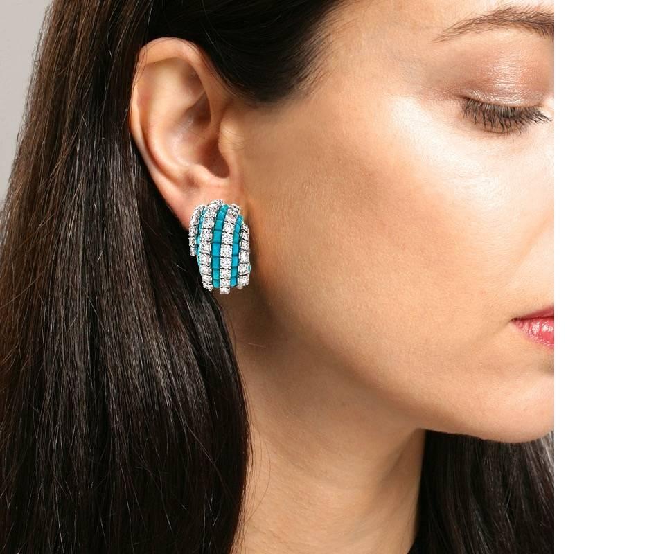 Van Cleef & Arpels 1960's Turquoise Diamond Gold Platinum Earrings 2
