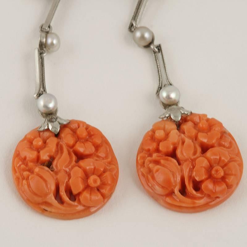 Antique Coral Pearl Diamond Platinum Earrings In Excellent Condition In New York, NY