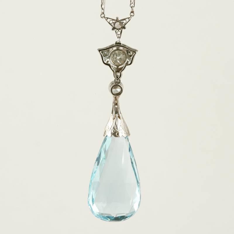 Edwardian Aquamarine Diamond Platinum Necklace In Excellent Condition In New York, NY