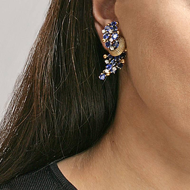 Marchak Paris Mid-20th Century Sapphire Diamond and Gold Ear Rings 1