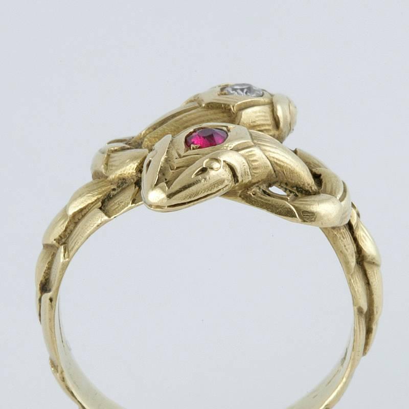 Women's Antique French Ruby Diamond Gold Serpent Ring