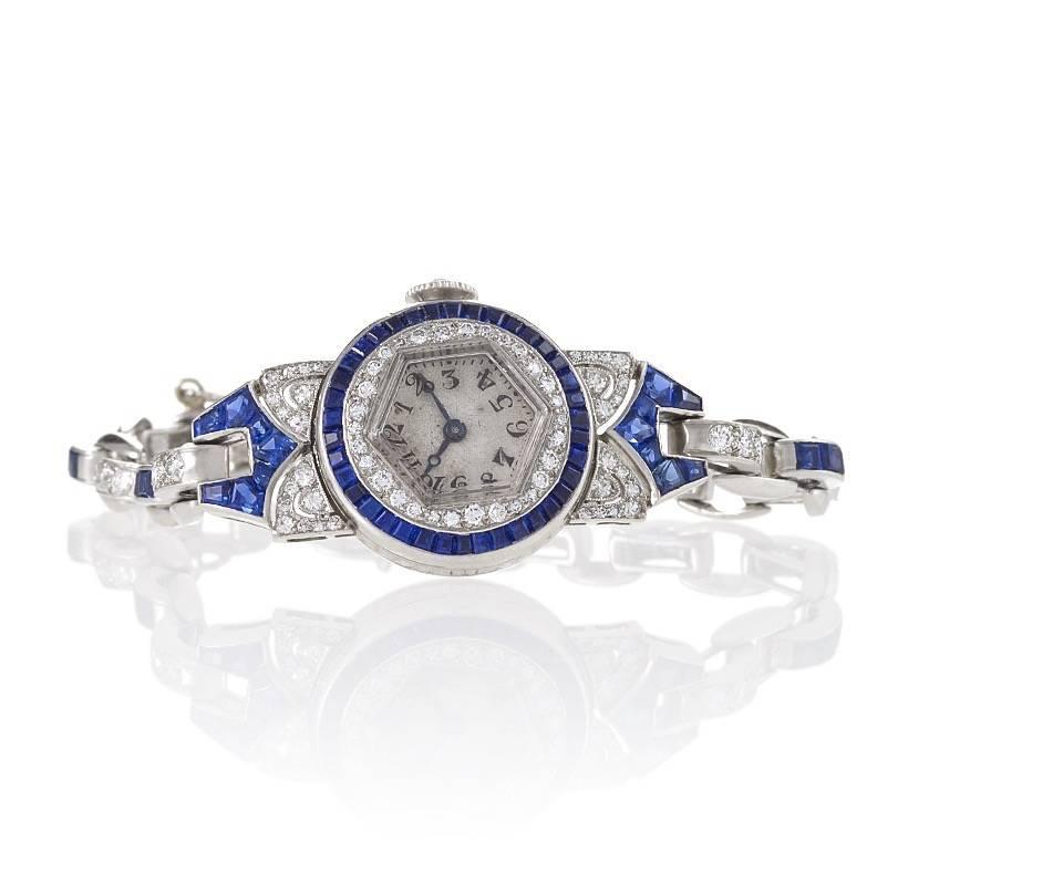 Oscar Heyman Art Deco Diamond, Sapphire and Platinum Wristwatch In Excellent Condition In New York, NY