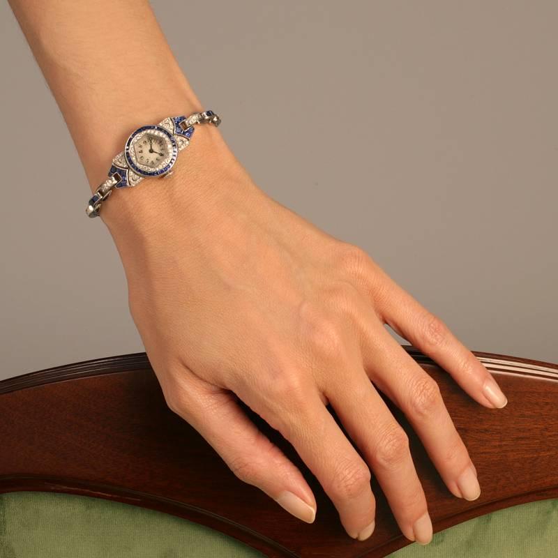 Women's Oscar Heyman Art Deco Diamond, Sapphire and Platinum Wristwatch