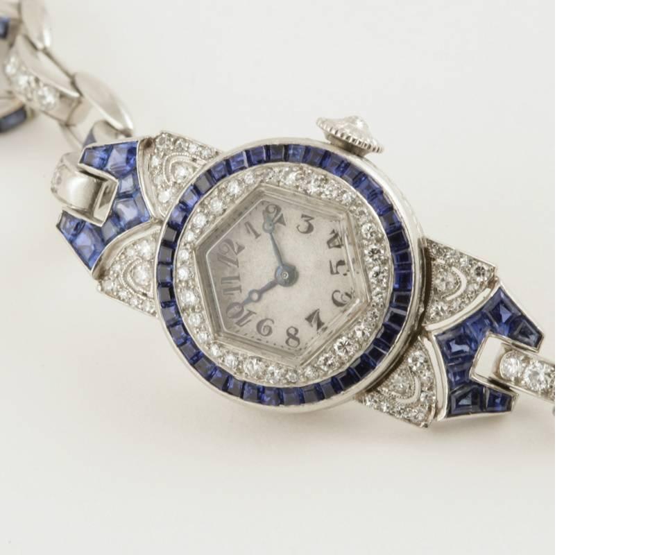 Oscar Heyman Art Deco Diamond, Sapphire and Platinum Wristwatch 1