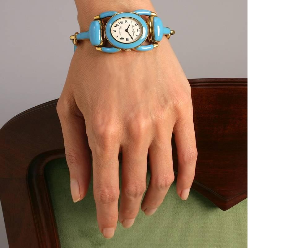 Cartier-Beuche Girod 1970s Ladies Yellow Gold Enamel Stirrup Wristwatch 5