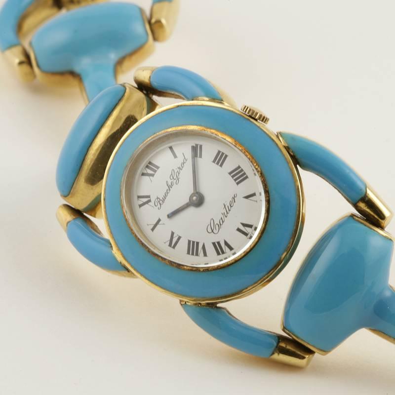 Cartier-Beuche Girod 1970s Ladies Yellow Gold Enamel Stirrup Wristwatch 2