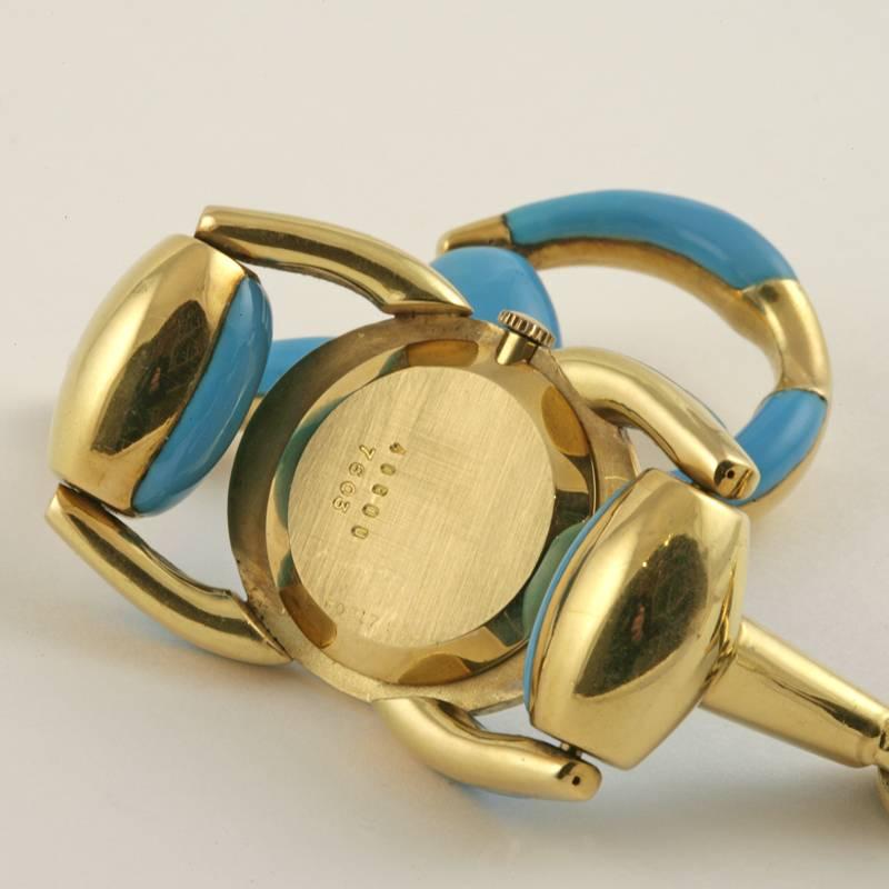 Cartier-Beuche Girod 1970s Ladies Yellow Gold Enamel Stirrup Wristwatch 3