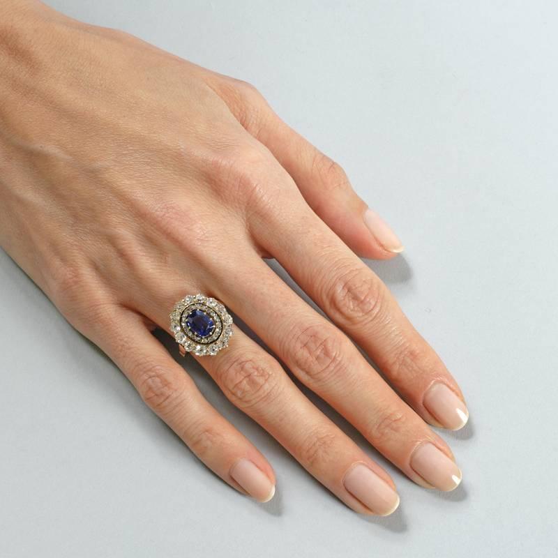 Women's English Antique Sapphire Diamond Silver Gold Cluster Ring For Sale