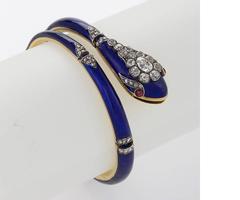 Antique French Diamond, Ruby, Gold and Enamel Serpent Bracelet