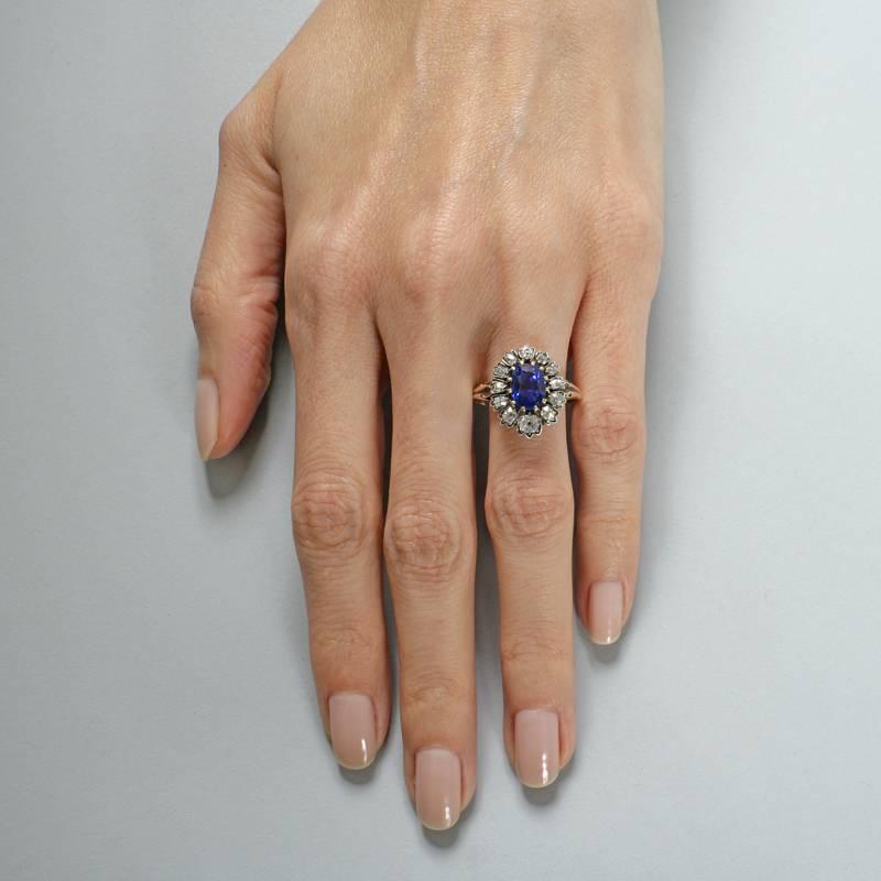 Women's Antique Diamond and Sapphire Silver Top Gold Cluster Ring