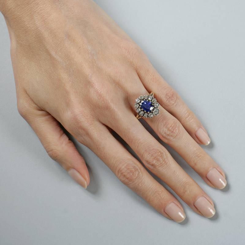 Antique Diamond and Sapphire Silver Top Gold Cluster Ring 1