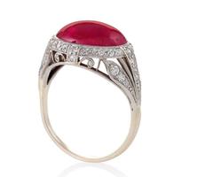 Art Deco oval shape cabochon  Burma Ruby Diamond Platinum Ring