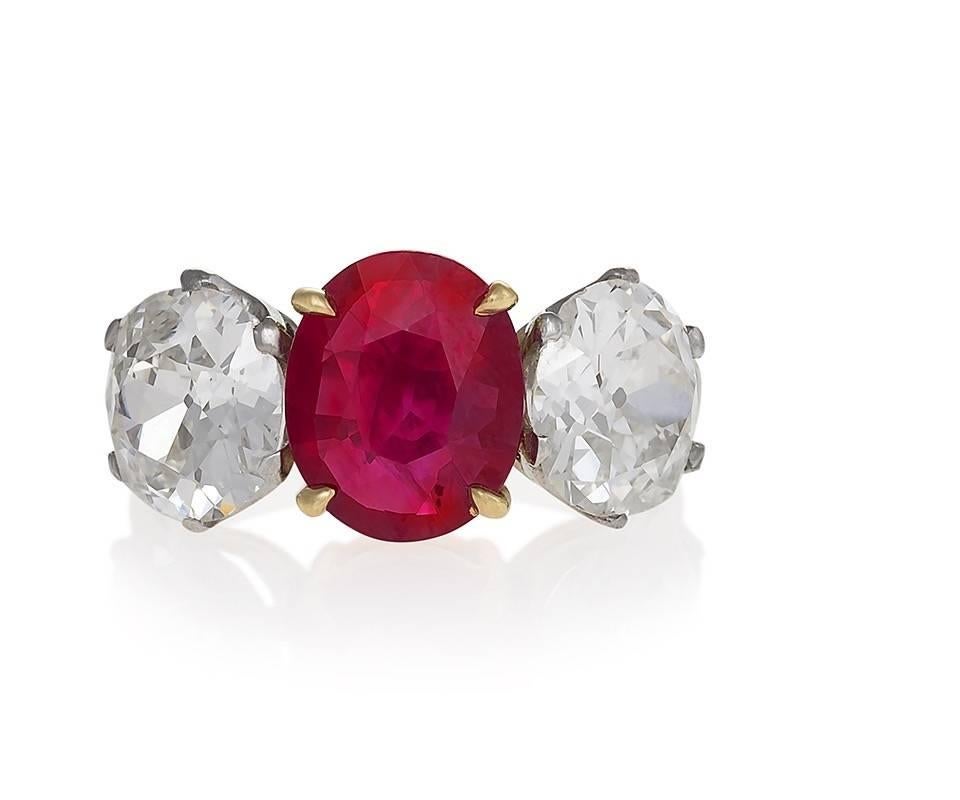 Burma Ruby Diamond Platinum Three-Stone Ring In Excellent Condition In New York, NY