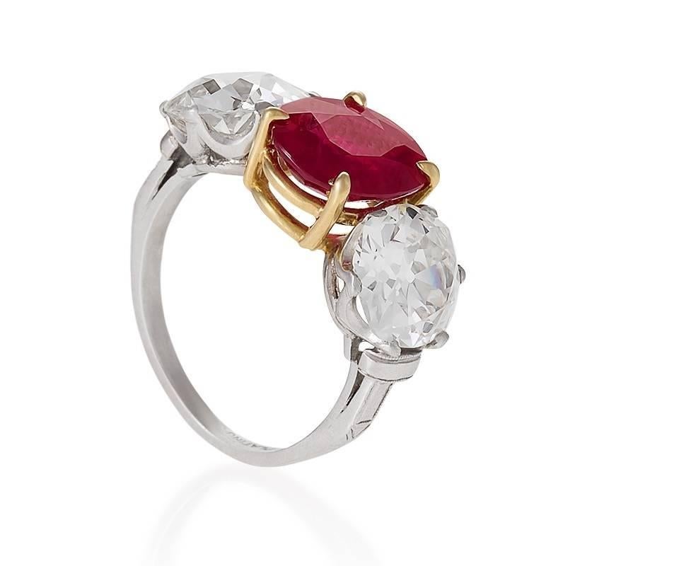 Women's Burma Ruby Diamond Platinum Three-Stone Ring