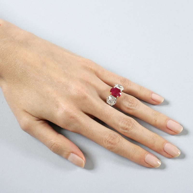 Burma Ruby Diamond Platinum Three-Stone Ring 2