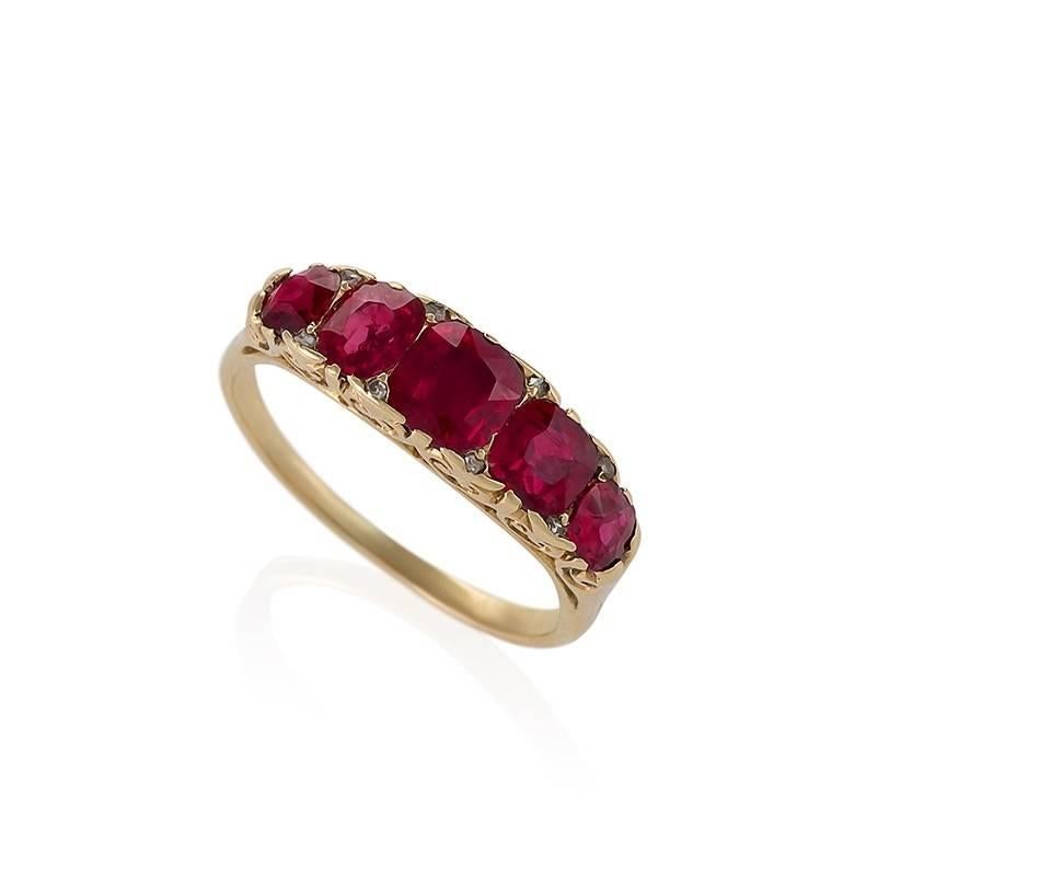Antique English Ruby and Gold Five Stone Ring In Excellent Condition In New York, NY