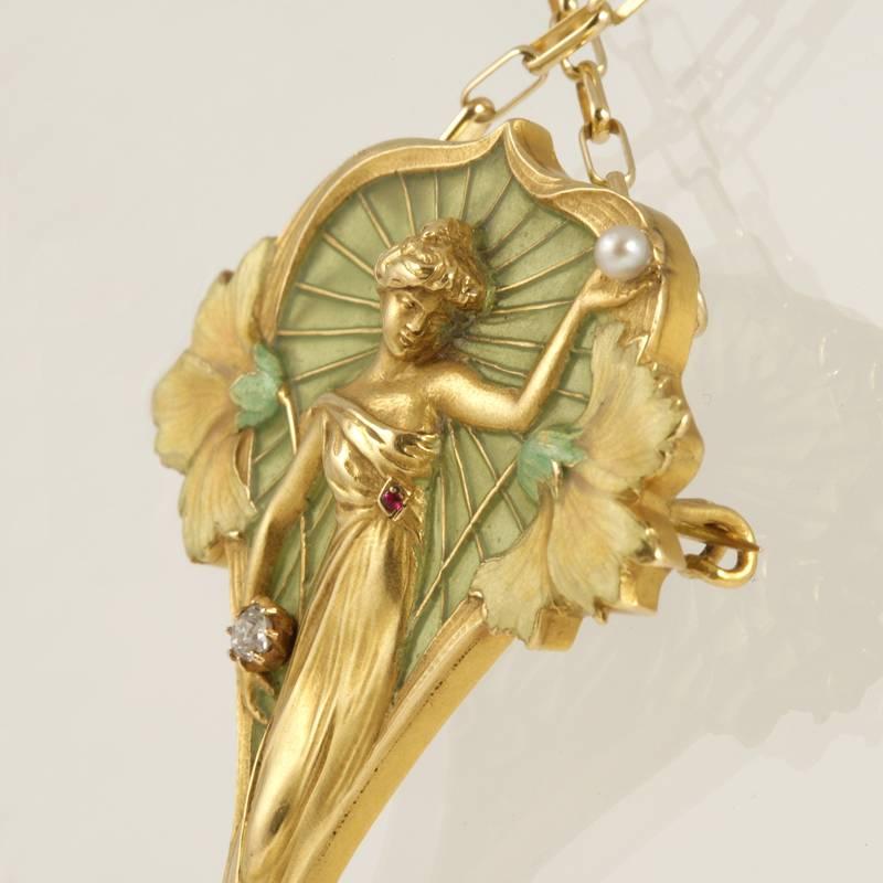 Luis Masriera Jugendstil-Emaille-Perlen-Diamant-Gold-Anhänger Damen