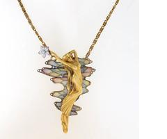 Gaston Lafitte French Art Nouveau Gold, Diamond and Enamel Pendant