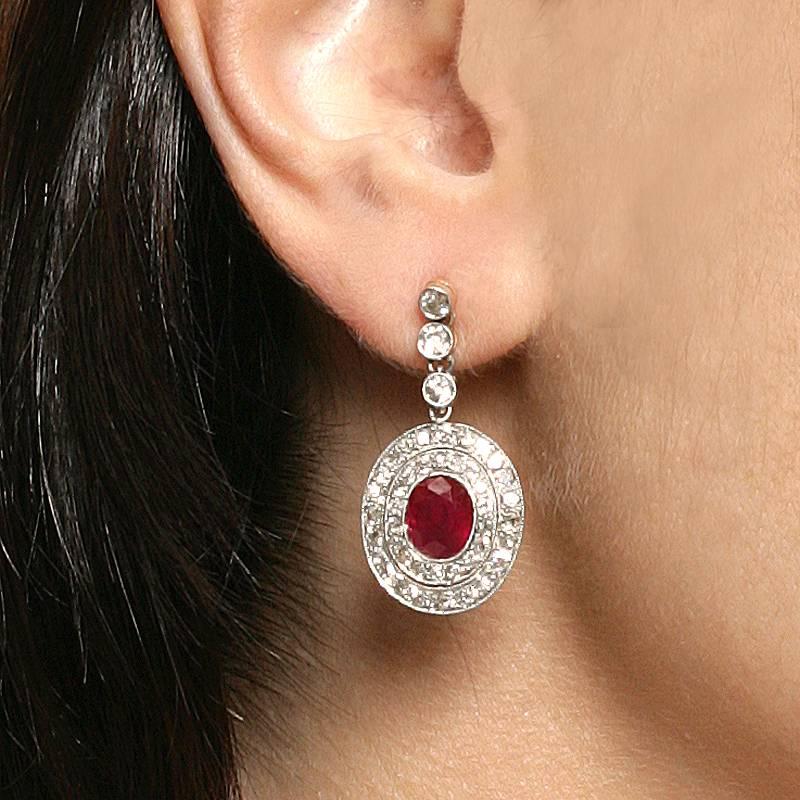 Women's Edwardian Diamond Ruby Gold and Platinum Earrings