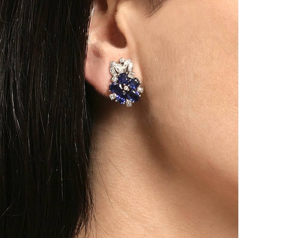 Women's 1930s Retro Diamond, Blue Sapphire and Platinum Flower Earrings