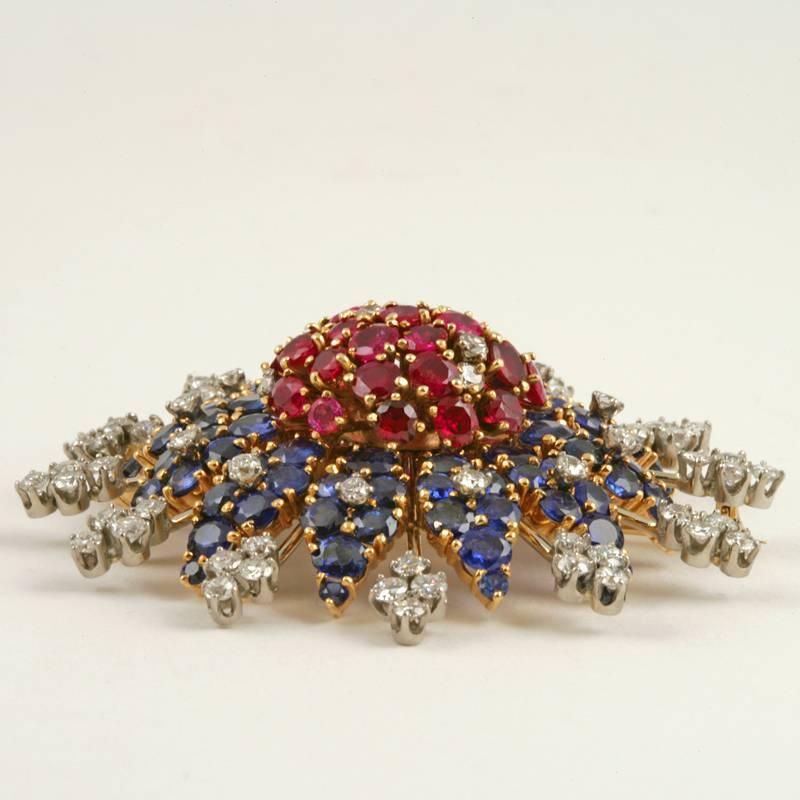 Retro Mid-20th Century Ruby, Diamond and Sapphire Star Brooch