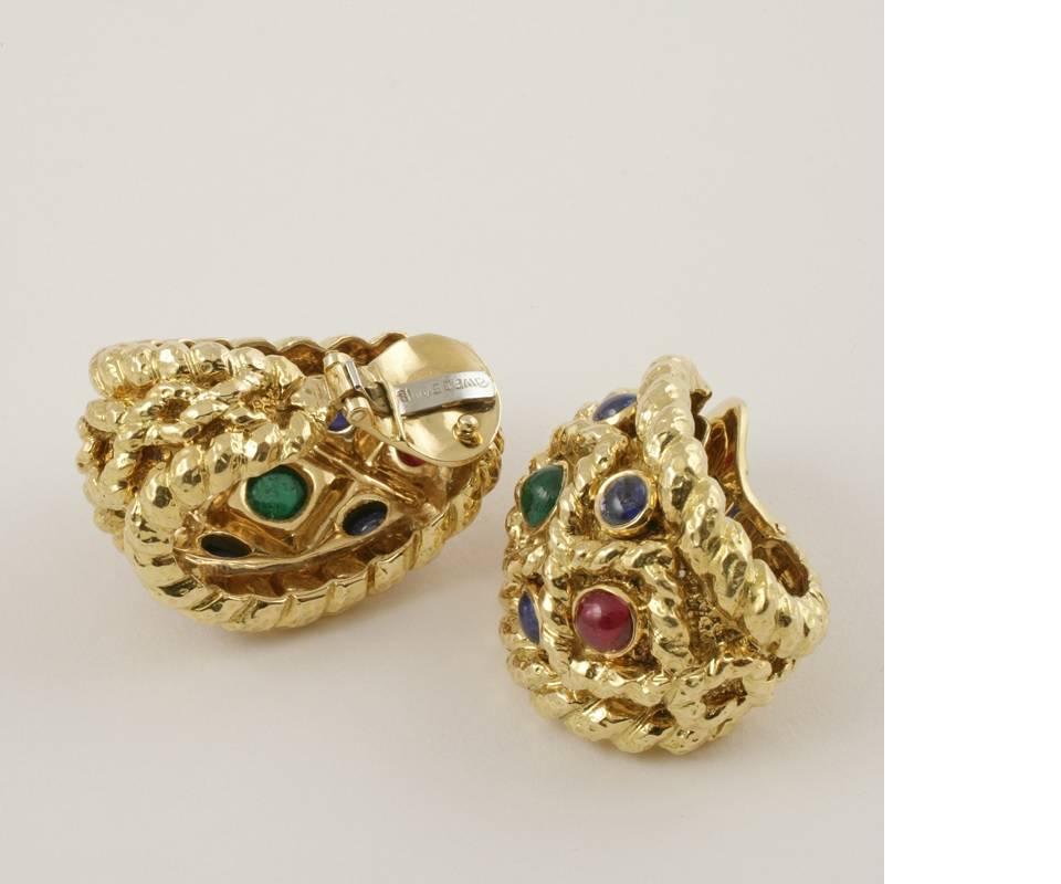 Cabochon David Webb 1970s Sapphire, Ruby, Emerald and Gold Earrings For Sale