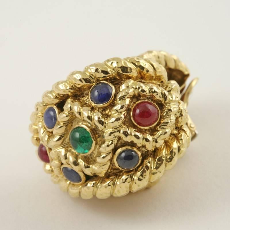 Women's David Webb 1970s Sapphire, Ruby, Emerald and Gold Earrings For Sale