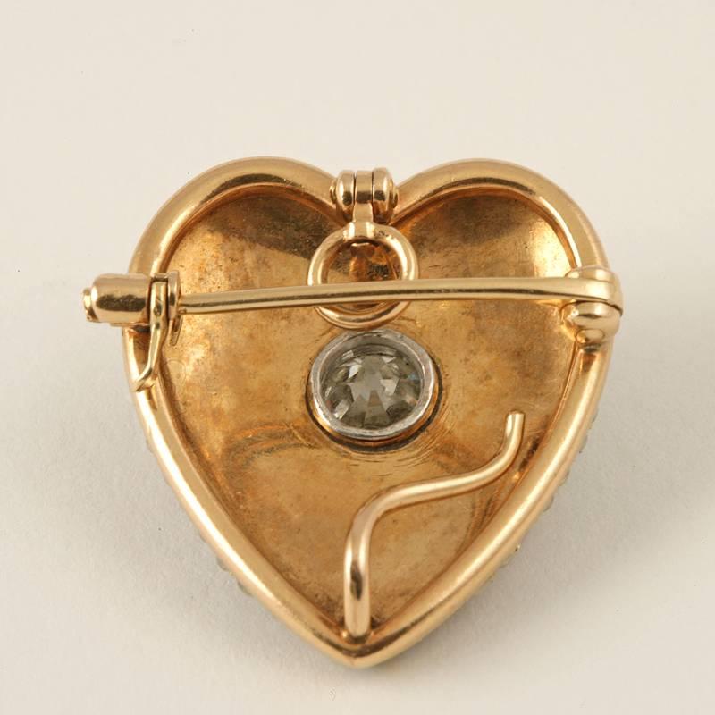 Antique Diamond Seed Pearl Gold Heart Pendant Brooch In Excellent Condition In New York, NY