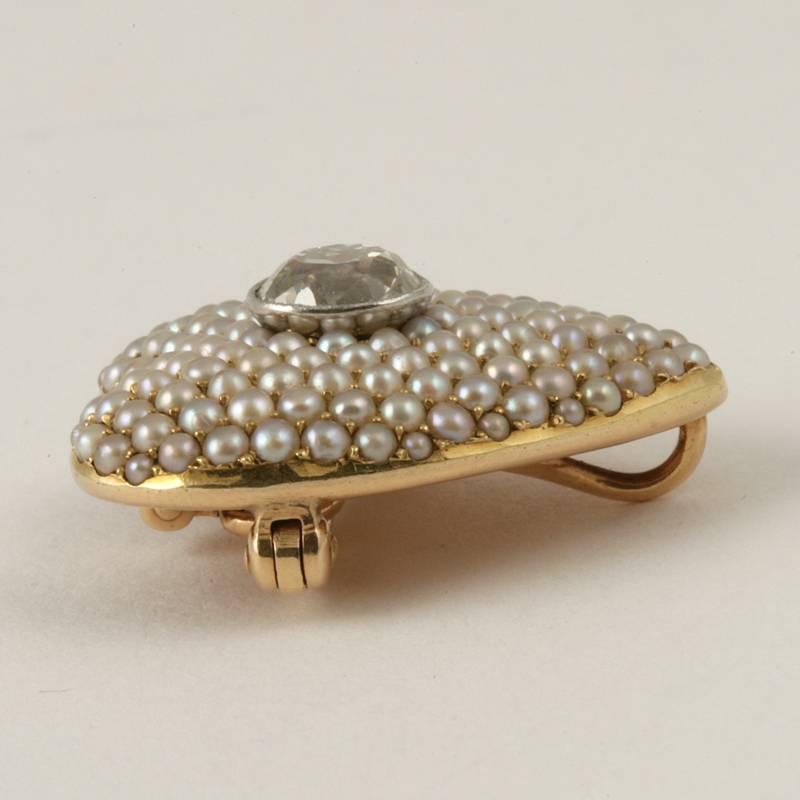 Women's Antique Diamond Seed Pearl Gold Heart Pendant Brooch