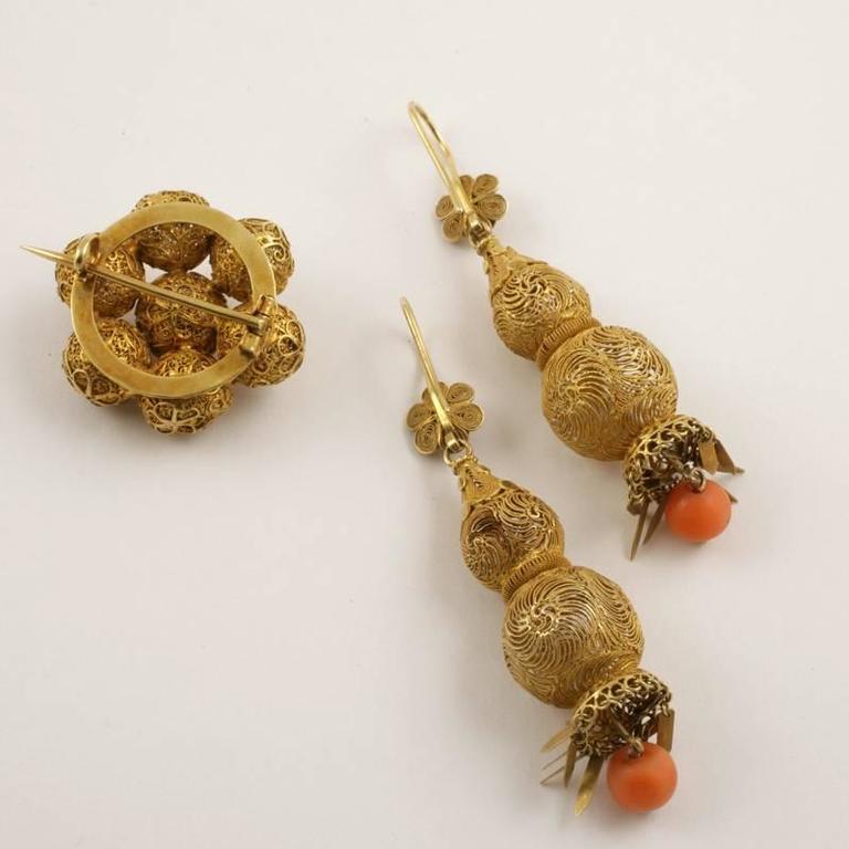 Antique Chinese Gold and Coral Earrings and Brooch Suite at 1stDibs