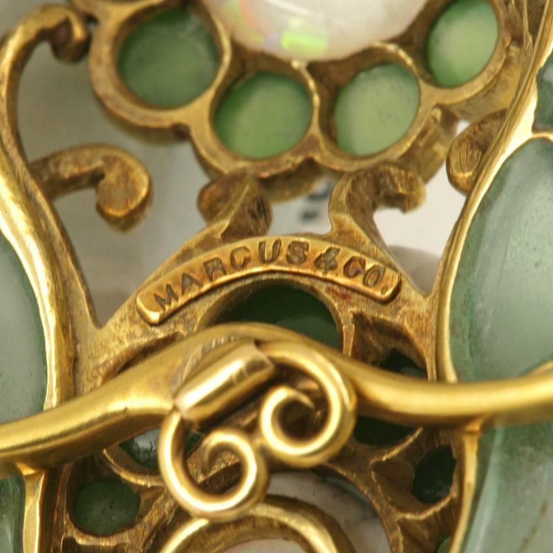 Marcus & Co. Art Nouveau White Opal, Chrysoprase, Enamel and Gold Pendant Brooch In Excellent Condition In New York, NY
