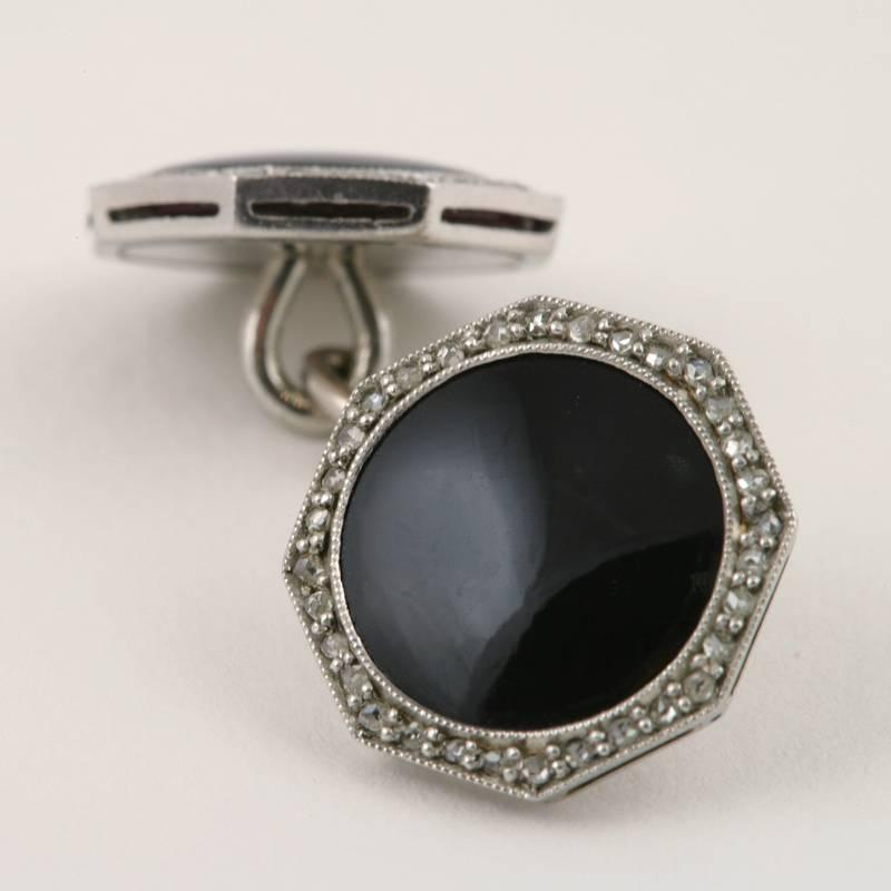 1920s Art Deco Onyx Diamond Platinum Double Sided Cuff Links In Excellent Condition In New York, NY