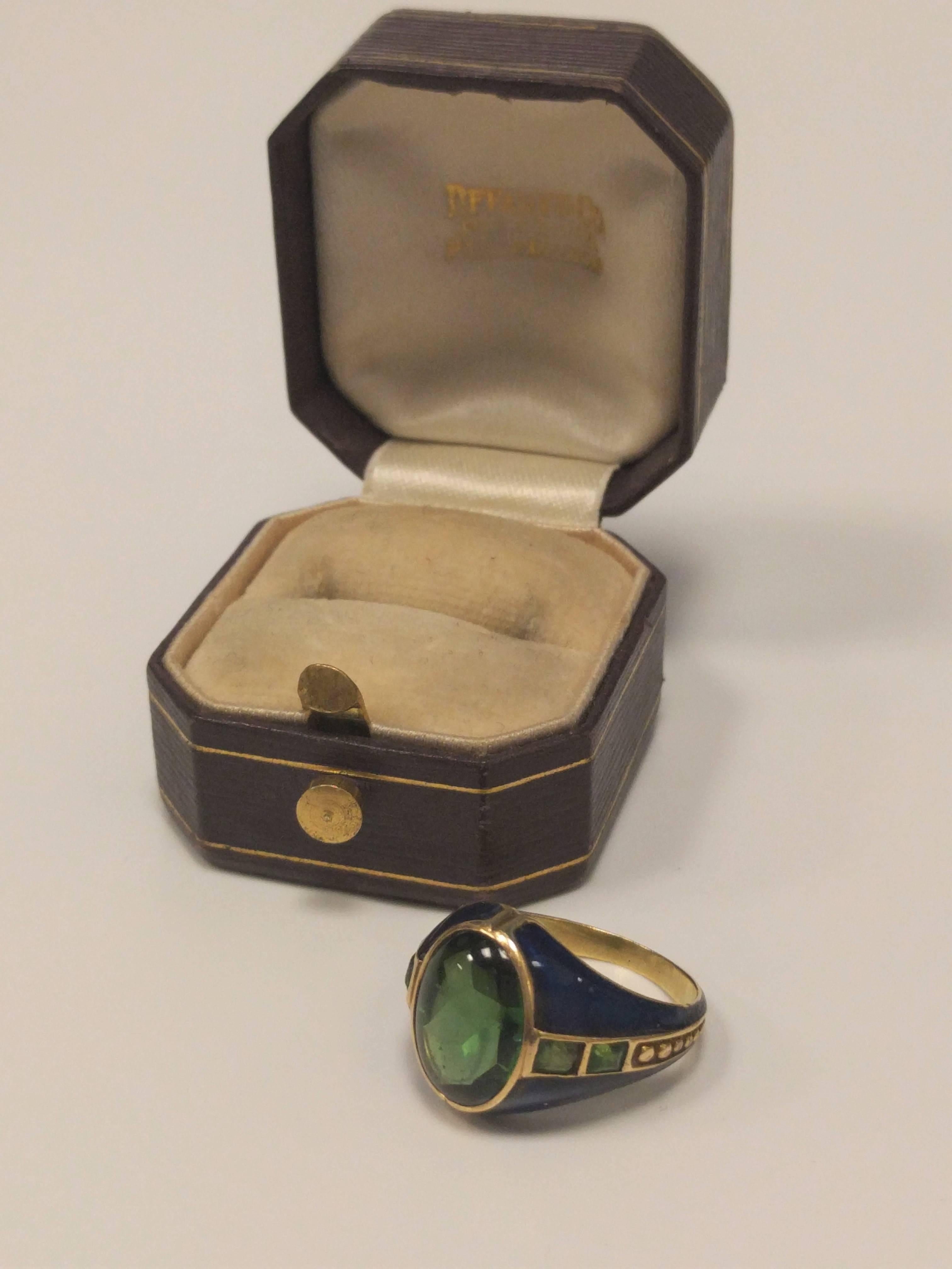 Louis Comfort Tiffany Art Nouveau Peridot, Enamel and Gold Ring 2
