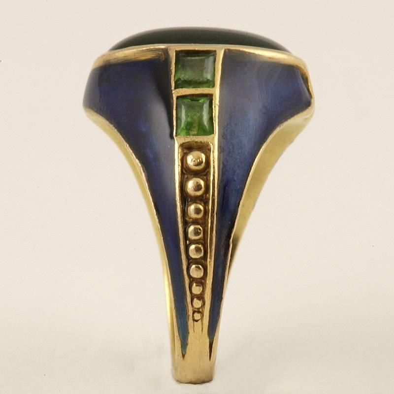 Louis Comfort Tiffany Art Nouveau Peridot, Enamel and Gold Ring In Excellent Condition In New York, NY