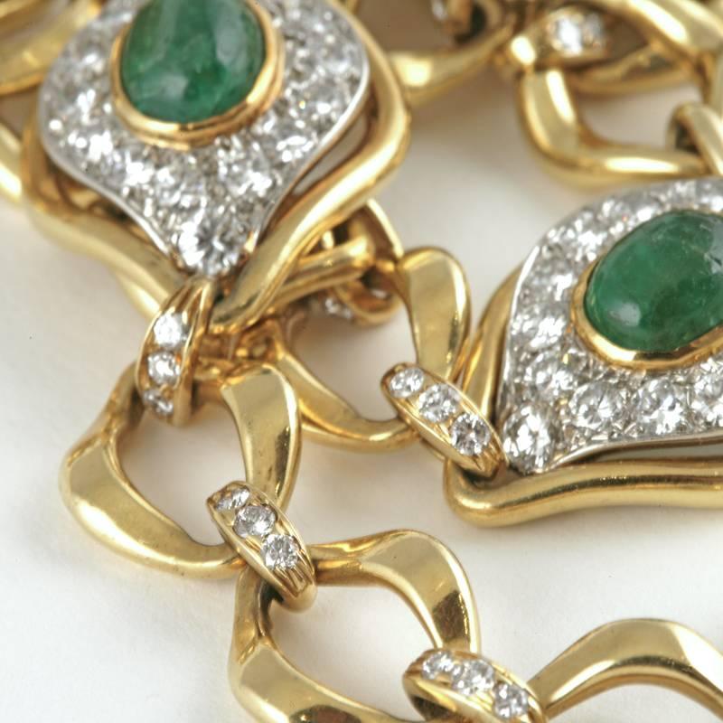 Women's O.J.Perrin Paris 1970's Diamond, Emerald, Gold and Platinum Link Necklace