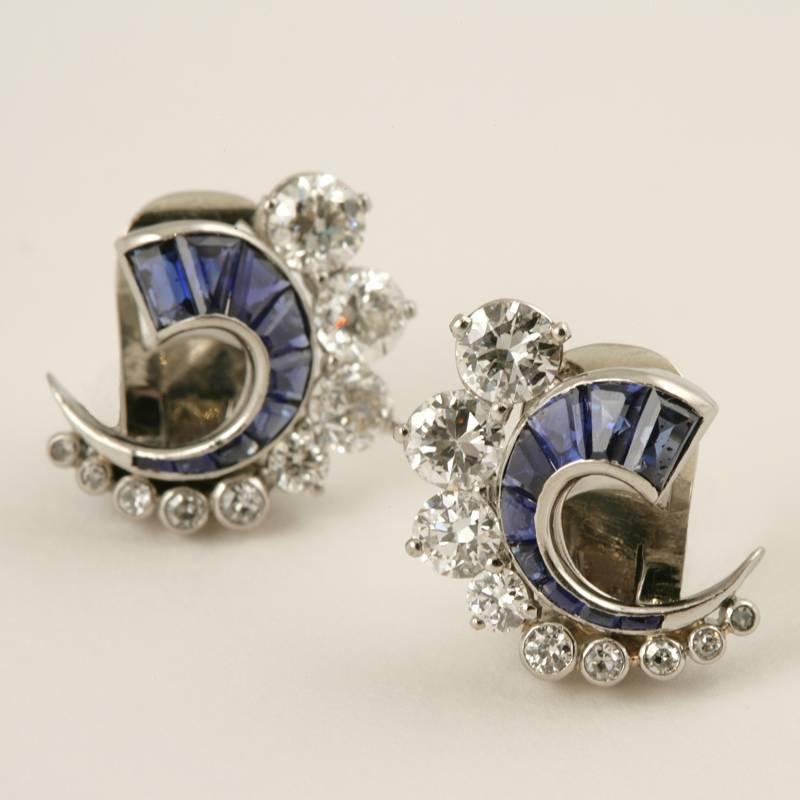 Women's French Art Deco Diamond and Sapphire Half Moon Earrings