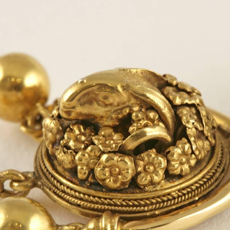 Antique Etruscan Revival Gold Ram's Head Girandole Earrings In Excellent Condition In New York, NY