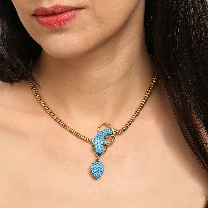 Tessier London Antique Turquoise Ruby Gold Snake Necklace 4