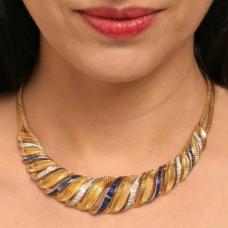 Halskette aus Gold und Platin mit Retro-Saphir-Diamant im Zustand „Hervorragend“ im Angebot in New York, NY