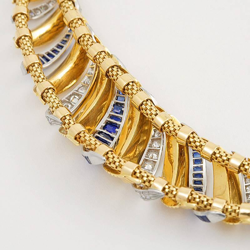 Halskette aus Gold und Platin mit Retro-Saphir-Diamant im Angebot 1