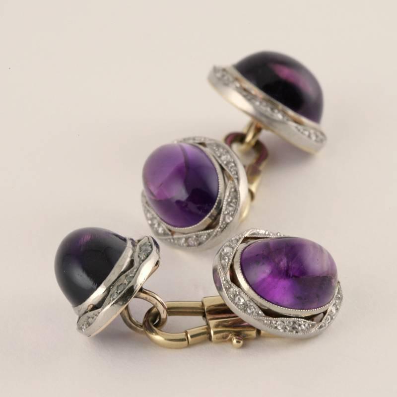 English Edwardian Amethyst Diamond Platinum and Gold Cufflinks In Excellent Condition In New York, NY