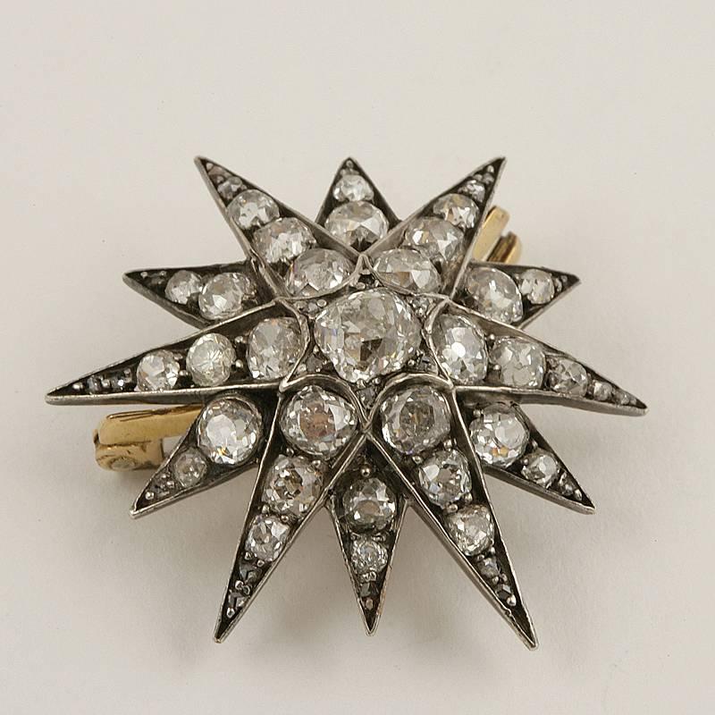 Women's English Antique Diamond and Silver Top Gold Star Brooch