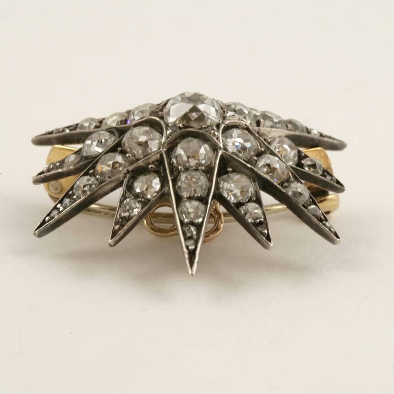 English Antique Diamond and Silver Top Gold Star Brooch 1