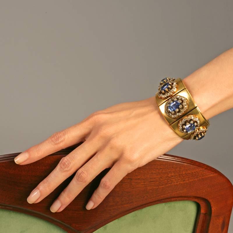 Women's Mellerio dits Meller French Antique Blue Sapphire Diamond and Gold Bracelet