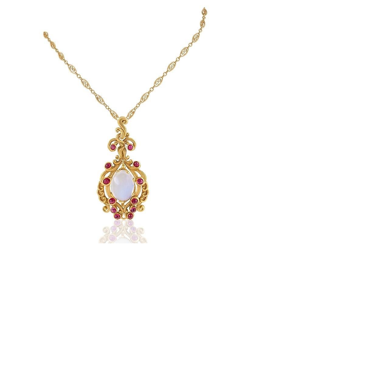 Cabochon Late 19th Century Moonstone Ruby and Gold Pendant For Sale