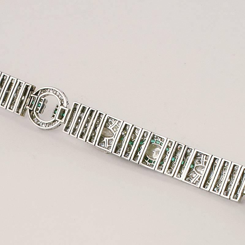 Women's Art Deco Emerald Diamond and Platinum Bracelet